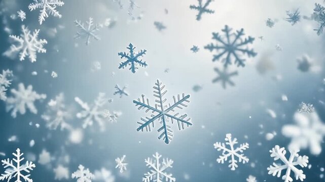 Ultra-realistic falling snowflakes on a pure white isolated background, slow motion, soft 
