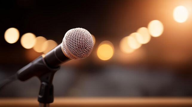 Closeup of microphone on stage lighting at concert hall or conference room, soft focus presentation, entertainment venue equipment, professional audio device, performance preparati