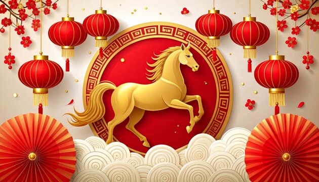 Elegant Golden Horse Silhouette in Circle Frame on Red Background