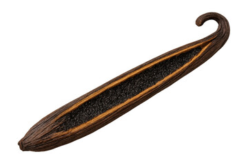 Obraz premium Vanilla bean pod open with black seeds, showing aromatic spice ingredient, flavor for culinary uses on transparent background