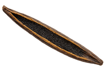 Obraz premium Vanilla bean pod split open, revealing tiny black seeds, aromatic spice ingredient for flavoring sweet food and desserts, transparent background