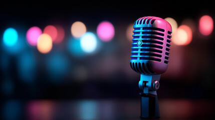 Retro microphone with blue lights and stage setting, vintage entertainment equipment, colorful lighting atmosphere, nostalgic performance venue, classic audio gear, dramatic stagin