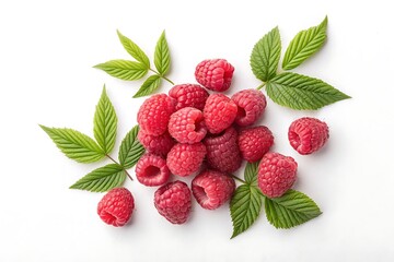 Juicy ripe raspberries featuring rich red tones and leaf detail isolated on white background from above, suitable for food ads and wellness visuals.
