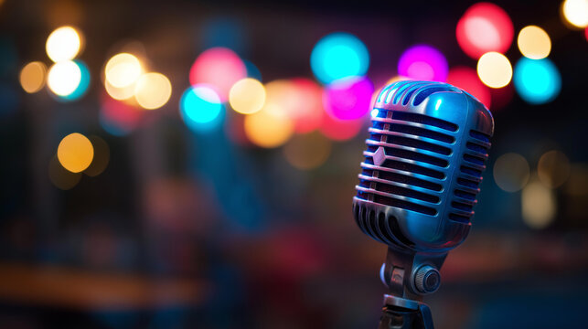Retro microphone with blue lights and stage setting, vintage entertainment equipment, colorful lighting atmosphere, nostalgic performance venue, classic audio gear, dramatic stagin
