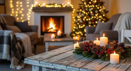 Cozy Holiday Living Room with Fireplace &ndash; Christmas Tree, Candles, and Festive Centerpiece on Rustic Table
