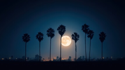 Full Moon Rising Behind Palm Trees at Night