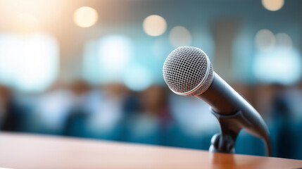 Conference microphone in audience lecture hall presentation setting, professional speaking equipment, seminar venue, business event preparation, educational forum setup, defocused
