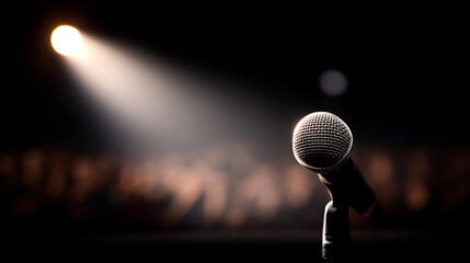 Empty microphone on stage with single spotlight, faceless crowd silhouettes blurred far back, dark gloomy mood atmosphere, dramatic entertainment venue, anticipation setting, defoc