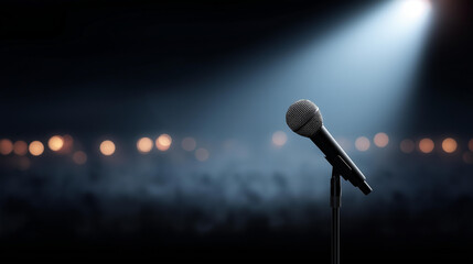Obraz premium Empty microphone on stage with single spotlight, faceless crowd silhouettes blurred far back, dark gloomy mood atmosphere, dramatic entertainment venue, anticipation setting, defoc