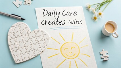 Heart puzzle beside paper with Daily Care message and sun drawing