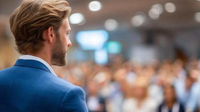 Faceless confident male speaker addresses engaged audience at professional event or conference, business presentation, seminar delivery, corporate gathering, defocused speaker and