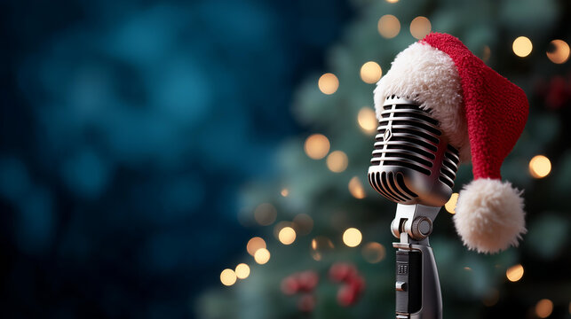 Vintage microphone with santa hat decoration on christmas tree background with bokeh lights, holiday music concept, festive entertainment theme, seasonal performance equipment, cel