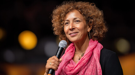 Faceless mature woman on stage with microphone for leadership seminar, information sharing or knowledge presentation, public speaker at global summit conference or motivation event