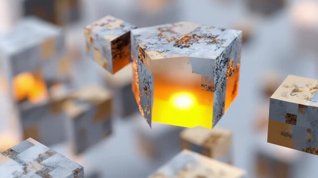Abstract Floating Cubes with Marble Texture and Golden Accents Emanating a Warm Light on a Soft Gray Background Creates Depth Optimized for Adobe Stock Photo