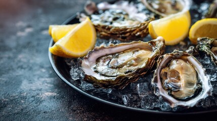 Fresh Raw Oysters with Lemon Wedges on Ice Black Plate Seafood Dish
