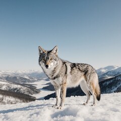 Fototapeta premium Coyote standing on a frosty hilltop against a blue winter landscape