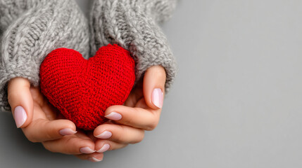 close-up of hands holding a red heart on a gray background, top view. heart health care concept with copy space for text. love and self-care day, business stock photo. high-quality