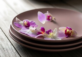 Orchid blooms on ceramic plate stack, artful floral table arrangement