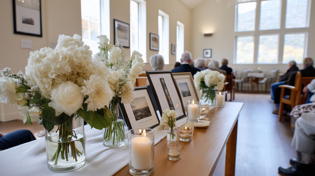 a serene memorial service setup inside a chapel, bright natural light through large windows, white flowers, candles, and framed photos arranged on a table, guests seated quietly, p