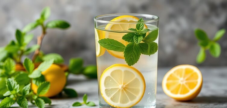 Refreshing lemon mint infused water, a healthy detox drink, homemade, elixir