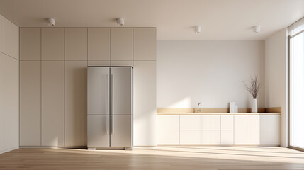 wide-angle photo of a modern kitchen interior, soft neutral tones, highly realistic. refrigerator (same model as style reference) placed on the left side as the main focal point, c