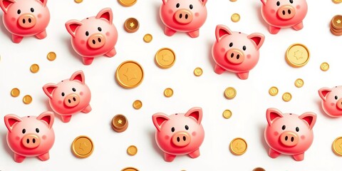 Seamless pattern featuring cheerful piggy banks and coins on white background,  cartoon,  wealth