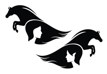 fairy tale elf woman with long hair flying in the wind and wild horse spirit jumping forward - fantasy girl and her friend animal black and white vector silhouette portrait