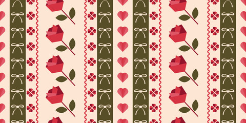 Seamless pattern for Valentine's Day. Festive concept. Modern design with hearts, bows, and roses. Perfect for greeting cards, wrapping paper, and textiles. Vector illustration.