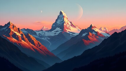 Majestic mountain range with snow-capped peaks scenic alpine landscape at sunset travel destination