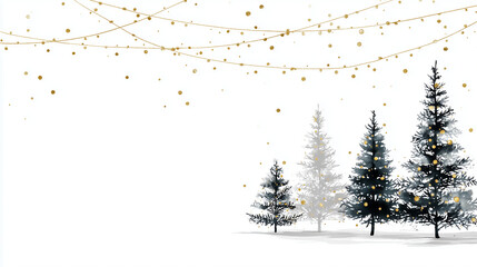 Background for a christmas card showing christmas trees, strands of lights, the image is mostly white with minimalistic illustrations,