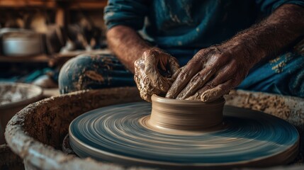 Hands of a Pottery Artist Shaping Clay on Wheel in Workshop