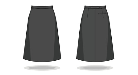 Sleek midi skirt presentation in a minimalist style, featuring front and back views for apparel design and fashion illustration purposes