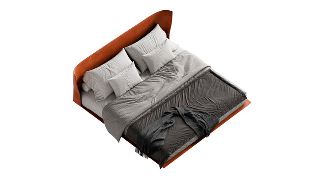 Contemporary bed with comforter and pillows on an isolated background. 
