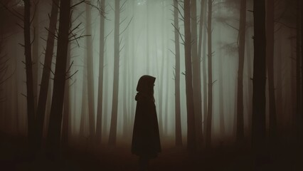 Alone Sad Girl Silhouette in Dark Foggy Forest - Mysterious Hooded Figure in Gloomy Woods