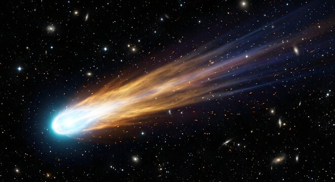 Brilliant comet streaking across a vibrant, star-filled galaxy – cosmic wonder and celestial event.