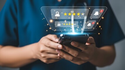 Man using smartphone with holographic interface displaying notifications and ratings