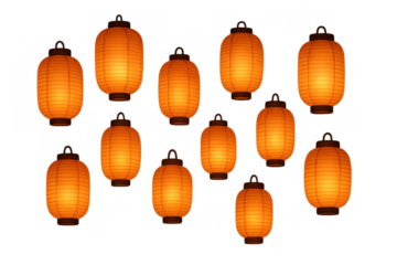 Japanese paper lanterns glowing with soft orange light for festival decoration on transparent background