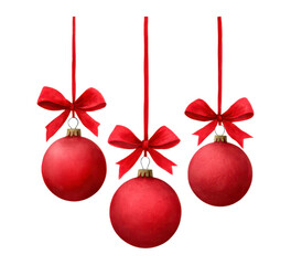 Festive red christmas ornaments hanging with bows on transparent background
