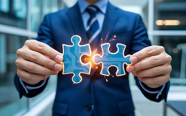 Business Leader Highlighting a Glowing Digital Puzzle Piece in Futuristic Interface