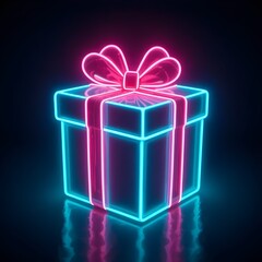A neon gift box with a pink ribbon and blue outline party decor neon festive light