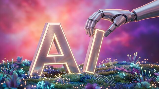 AI Robot Hand with Neon Letters Illustration