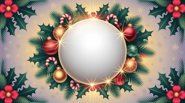 Christmas background features a circular white mockup space surrounded by festive pine branches, holly leaves, ornaments, and candy canes.