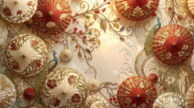 水引 Mizuhiki 003n2 Peacock and Vine Ornament Art Nouveau Style Japanese Background（孔雀と蔓飾りのアール・ヌーヴォー風和風オーナメント背景）