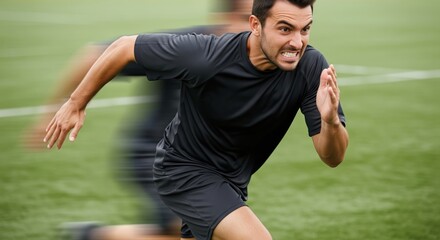 Focused male athlete sprinting intensely across a green sports field with speed motion blur.