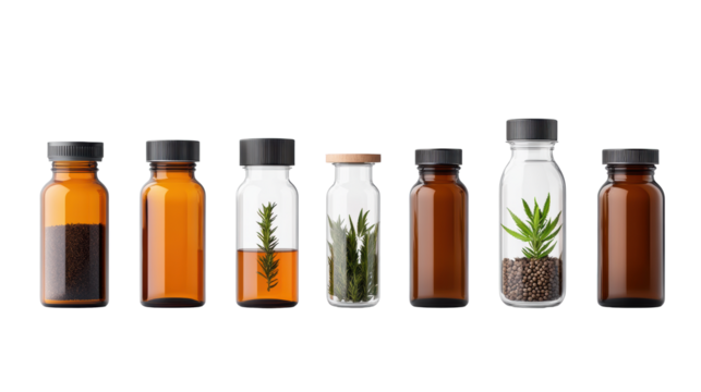 Cannabis Leaves and Seeds in Glass Jars on Transparent Background