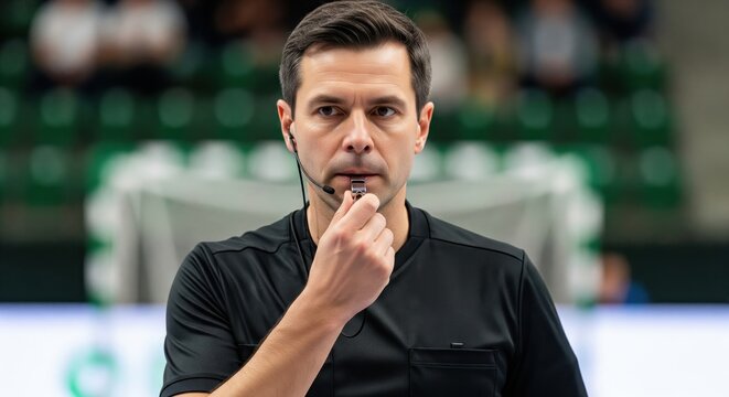 Serious male referee blowing a whistle during a professional indoor sports game.