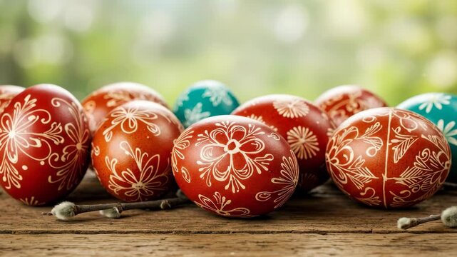 Traditional easter eggs with hand-drawn patterns and willow branches on wooden surface. Spring holiday celebration display.
