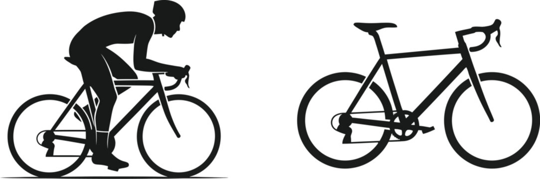 Cyclist silhouette riding a road bike with a bicycle beside him