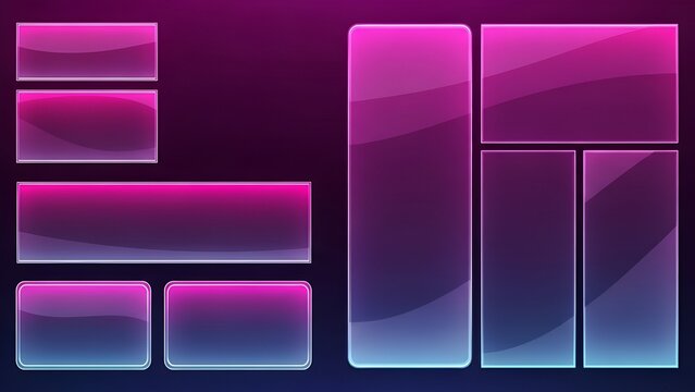 Futuristic set of glossy transparent user interface elements with a pink and blue neon gradient