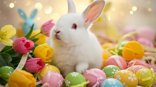 Adorable white rabbit sitting among colorful easter eggs and vibrant tulips. Festive spring holiday animal and floral display.
